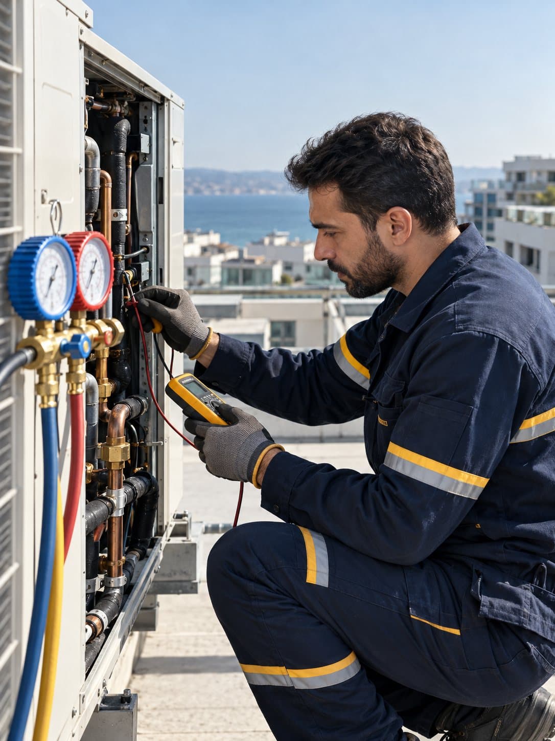 Teknik ekip HVAC ünitesinde bakım yaparken